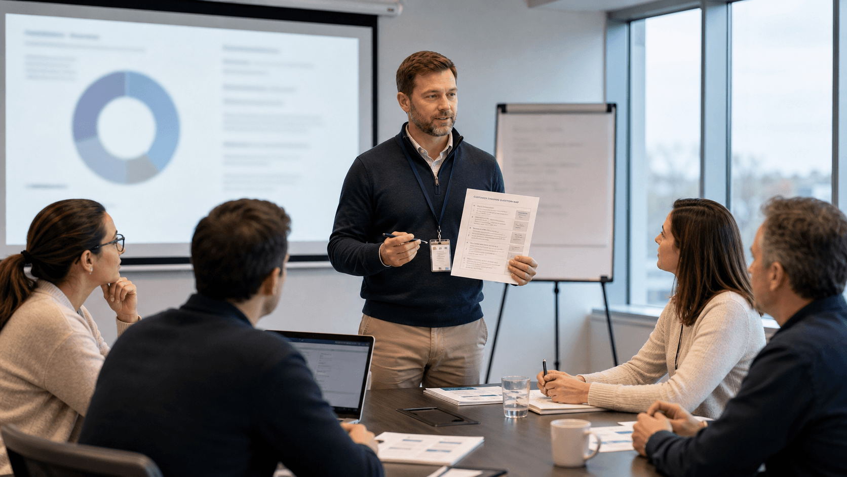 Trainer pauses during a medical-device customer training session while reviewing a question map before answering a user question.